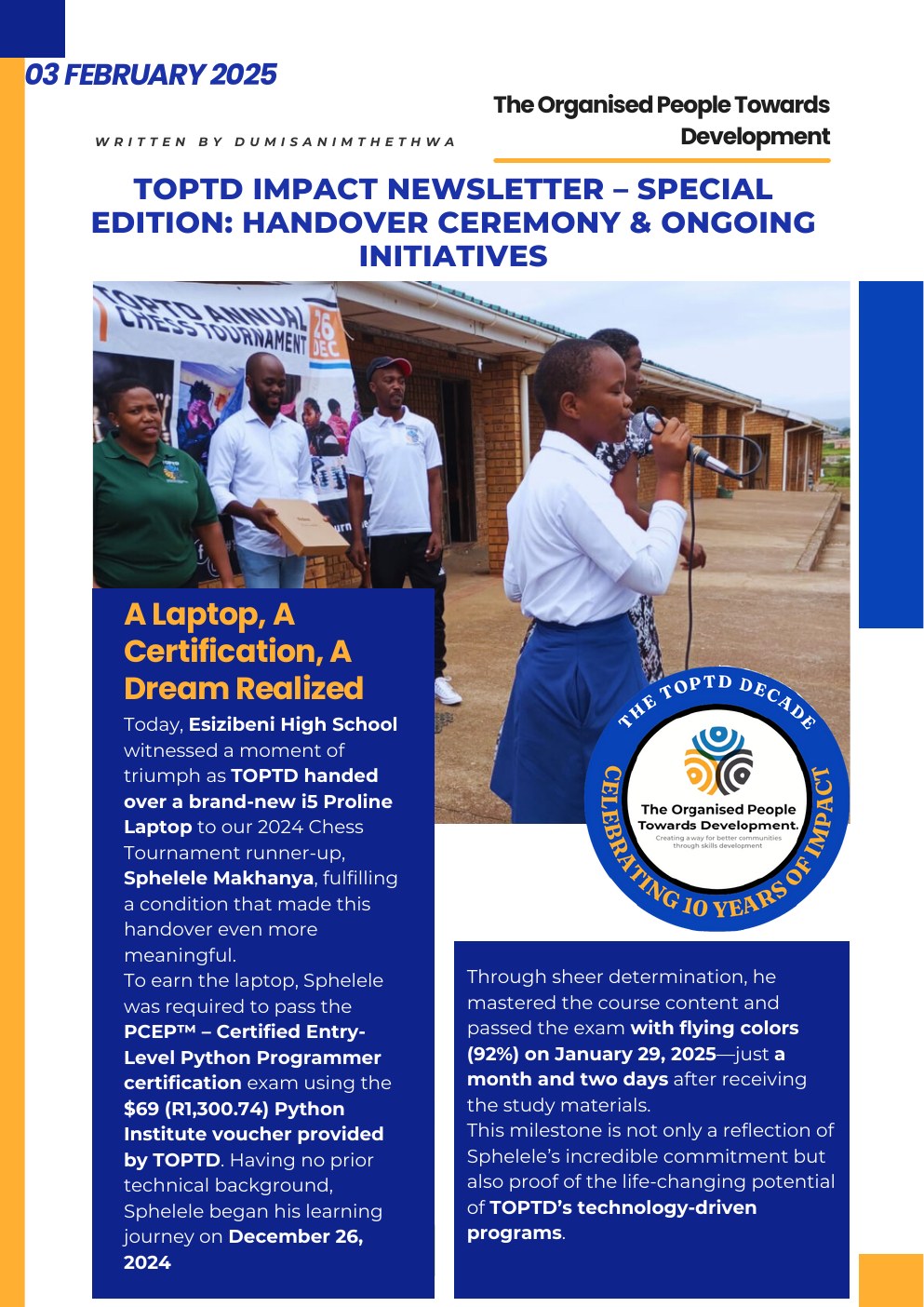 Cover of TOPTD's special-edition impact newsletter